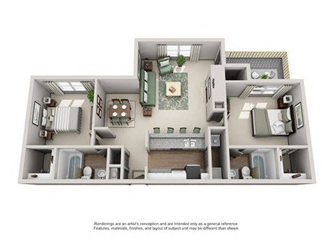 Floor plan for 2 beds, 2 baths, 1100 sqft